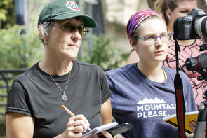 Chris Stidley (left) and Marissa Heffernan conduct an interview for the documentary “A Modern Zoo.” Stidley is a retired statistics professor from New Mexico and part of an interdisciplinary group of 18 students in professor Carol Schwalbe’s science journalism class. The class is producing a magazine on wildlife conservation at Reid Park Zoo, a website and a series of multimedia projects, including a 15-minute documentary led by Heffernan. (Photo courtesy of John de Dios) Chris Stidley (left) and Marissa Heffernan conduct an interview for the documentary “A Modern Zoo.” Stidley is a retired statistics professor from New Mexico and part of an interdisciplinary group of 18 students in professor Carol Schwalbe’s science journalism class. The class is producing a magazine on wildlife conservation at Reid Park Zoo, a website and a series of multimedia projects, including a 15-minute documentary led by Heffernan. (Photo courtesy of John de Dios)